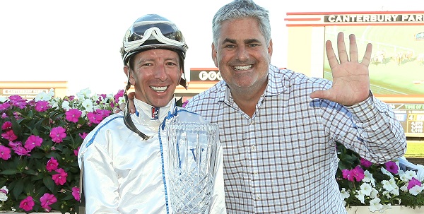 Dean Butler with track announcer Paul Allen in 2016