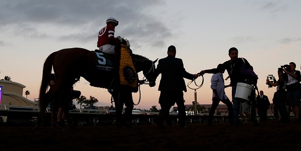 DEL MAR, CA - NOVEMBER 04: Gun Runner #5, ridden by Florent Geroux, walks on the track after winning the Breeders' Cup Classic race on Day 2 of the 2017 Breeders' Cup World Championships at Del Mar Racing Club on November 4, 2017 in Del Mar, California. (Photo by Kazushi Ishida/Eclipse Sportswire/Breeders Cup Ltd/