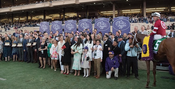 DEL MAR, CA - NOVEMBER 04: Gun Runner #5, ridden by Florent Geroux, stands in the Winner's Circle after victory in Breeders' Cup Classic on Day 2 of the 2017 Breeders' Cup World Championships at Del Mar Racing Club on November 5, 2017 in Del Mar, California. (Photo by Michael McInally/Eclipse Sportswire/Breeders Cup/